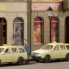 Auhagen 43676 PKW Taxi 3 Stück mit 2 Rufsäulen | Fertigmodelle Spur TT