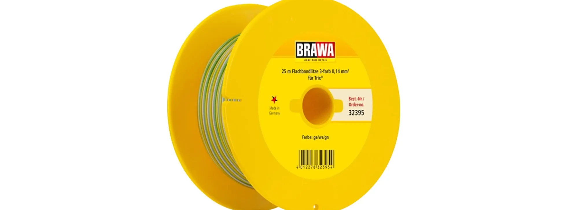 BRAWA 32395 Flachbandlitze 0,14 mm² | 25 m | gelb / weiß / grün | Elektrozubehör