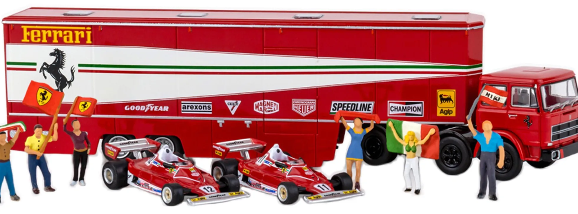 BREKINA 58575 Fiat 691T Renntransporter mit 2 Ferrari 312 T2 + Figuren 1977 | LKW-Modell 1:87