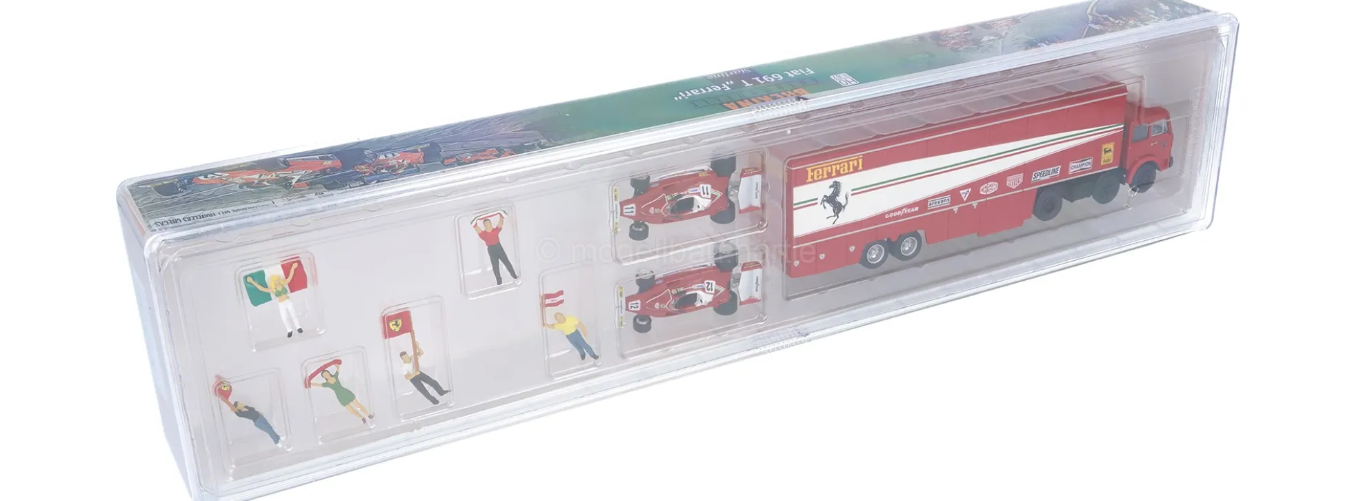 BREKINA 58575 Fiat 691T Renntransporter mit 2 Ferrari 312 T2 + Figuren 1977 | LKW-Modell 1:87
