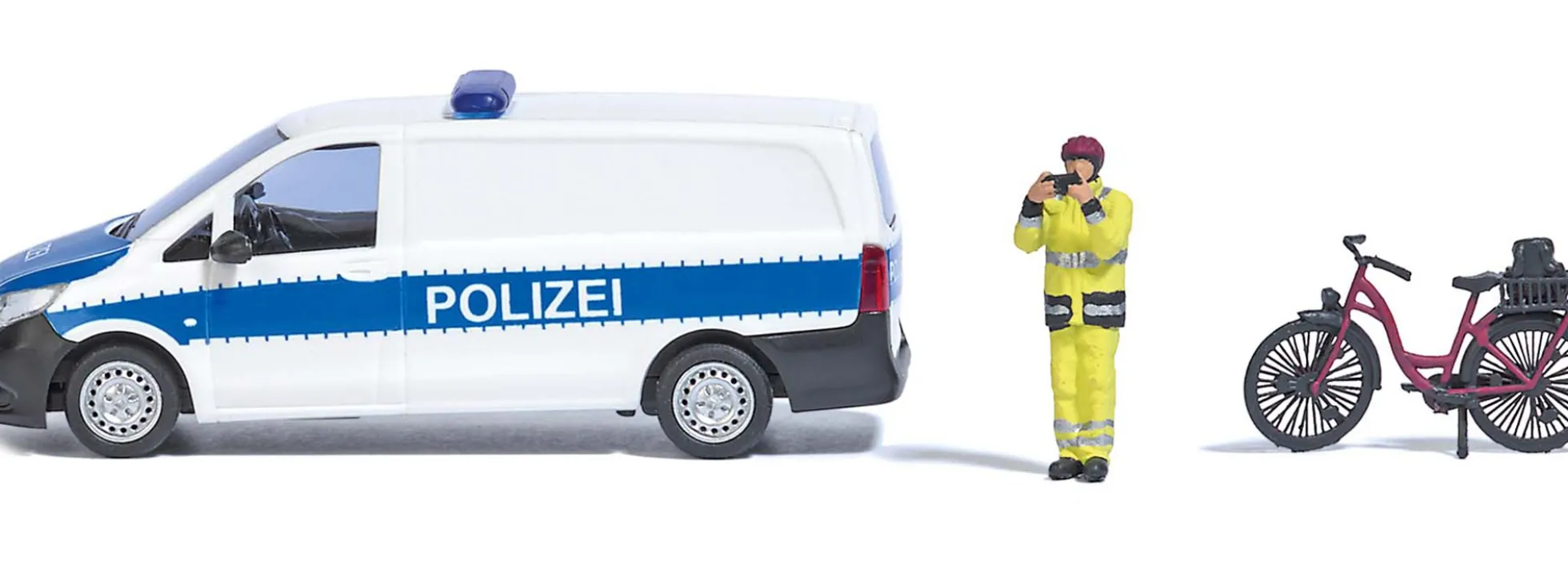 BUSCH 79801 Anzeigenhauptmeister mit Fahrrad + Polizeiauto | Action Set Spur H0