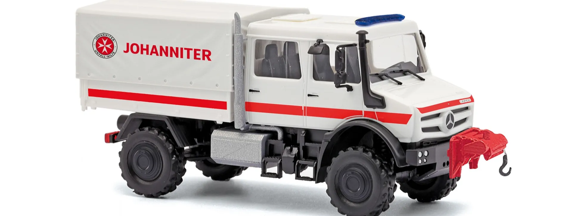 BUSCH 51084 Mercedes-Benz Unimog U 5023 Doppelkabine Johanniter 2013 | Blaulichtmodell 1:87