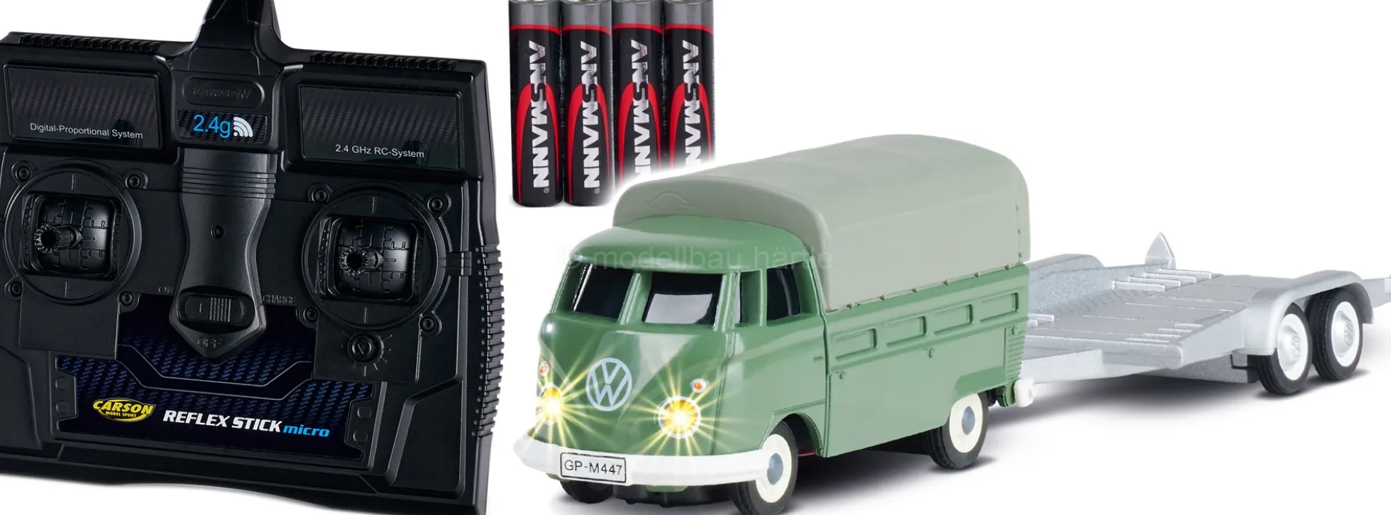 CARSON 500504179 VW T1 Pritsche mit KFZ-Anhänger | 2.4GHz | RC Auto 1:87 Spur H0
