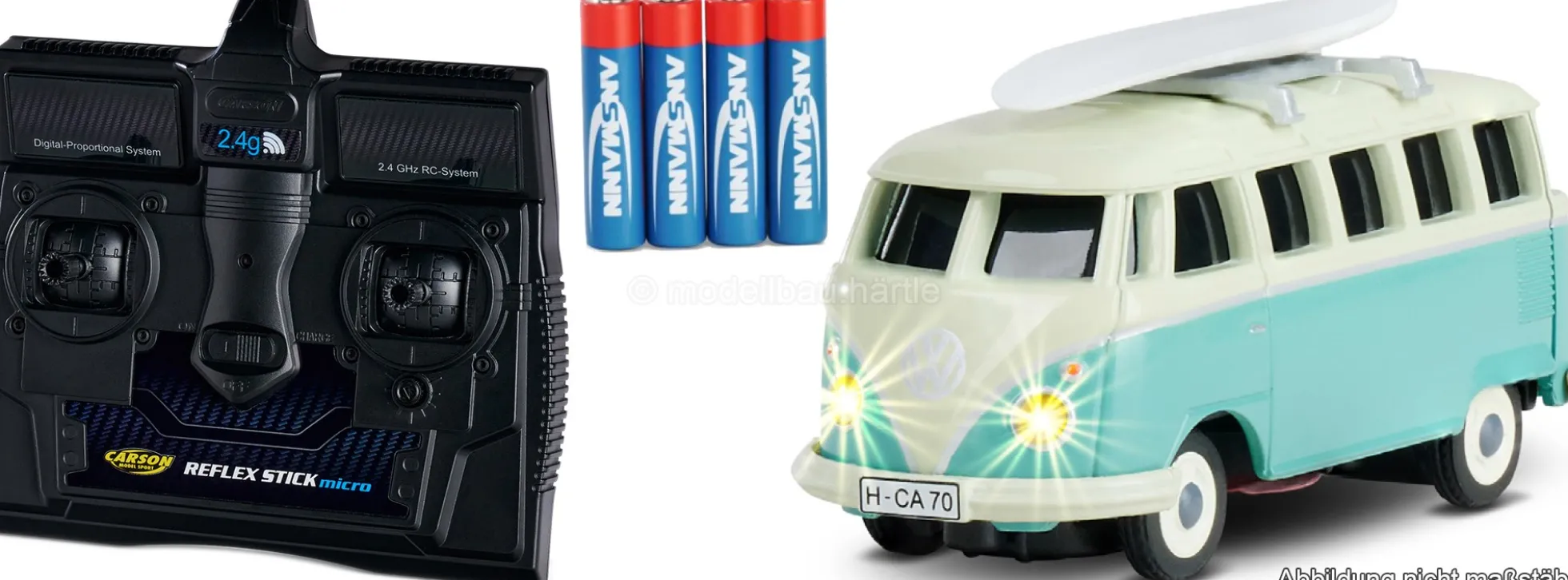 CARSON 500504181 VW T1 Samba mit Surfbrett | 2.4GHz | RC Auto 1:87 Spur H0