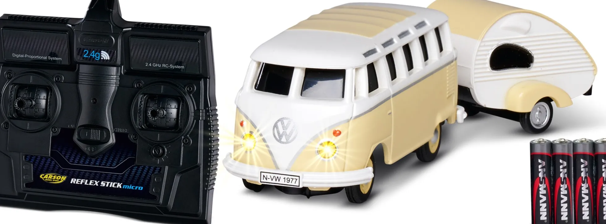 CARSON 500504164 VW T1 Samba mit Wohnwagen | 2.4GHz | RC Auto 1:87 Spur H0