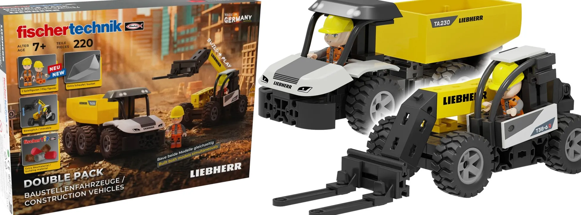 fischertechnik 579432 Double Pack Liebherr Baufahrzeuge | 220 Teile | 2 Modelle | Ab 7 Jahren