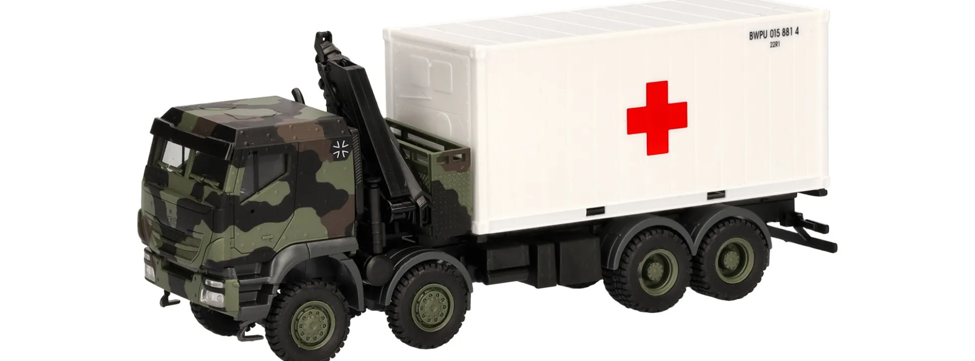 herpa 747288 Iveco Trakker 8x8 Ladekran 20ft Container Bundeswehr Militärmodell 1:87