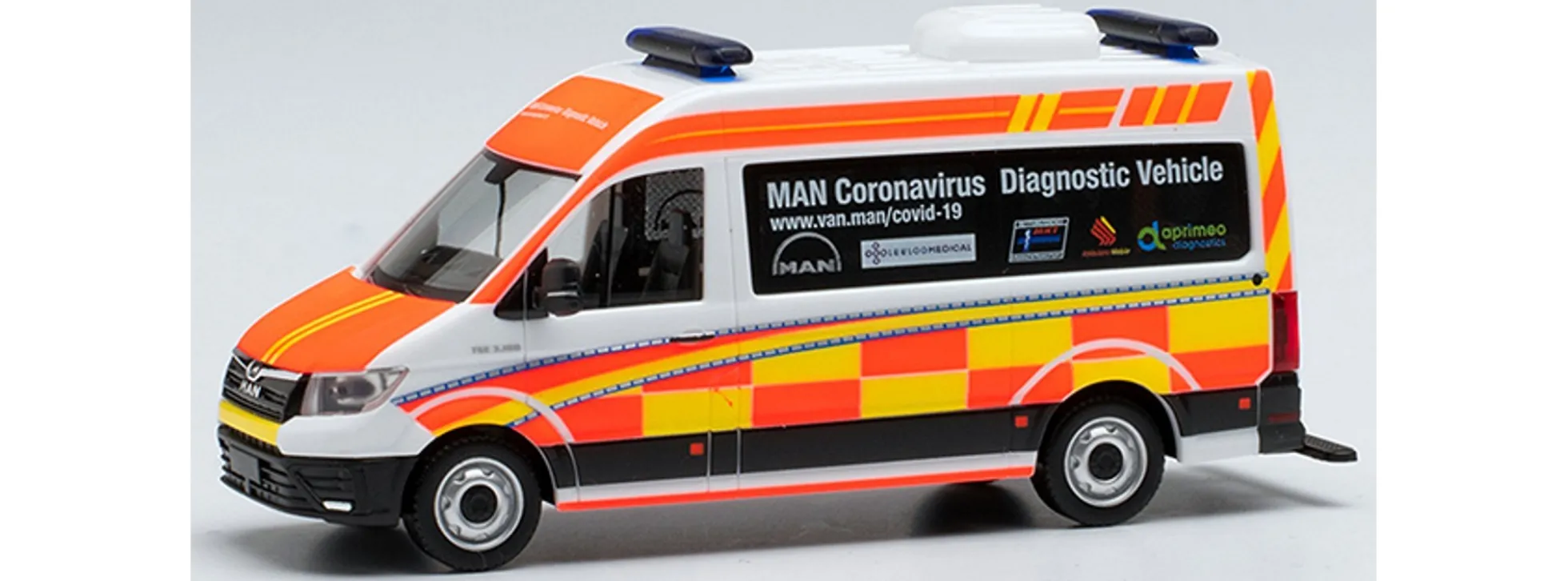 herpa 944434 MAN TGE Bus HD Coronavirus Diagnostic exclusive Blaulichtmodell 1:87