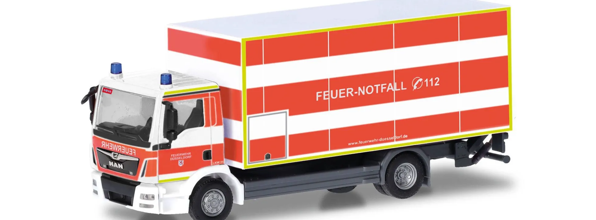 herpa 098076 MAN TGM KofferLKW mit Ladebordwand Feuerwehr Düsseldorf Blaulichtmodell 1:87