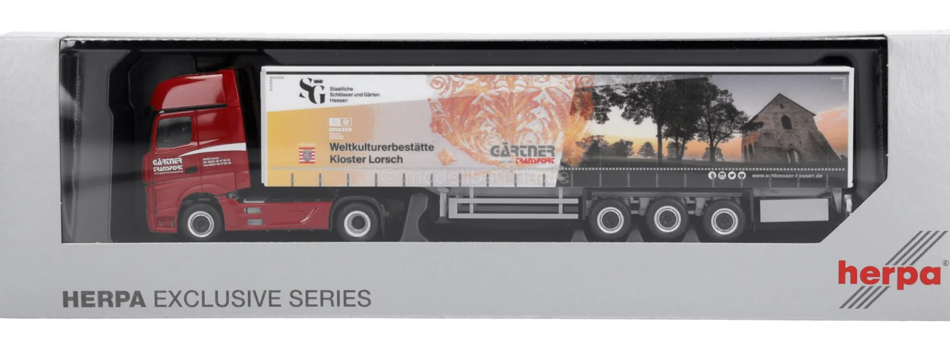 herpa 939256 MB Actros 18 L GS Gardinenplanen-Sattelzug - Gärtner / Kloster Lorsch | LKW-Modell 1:87