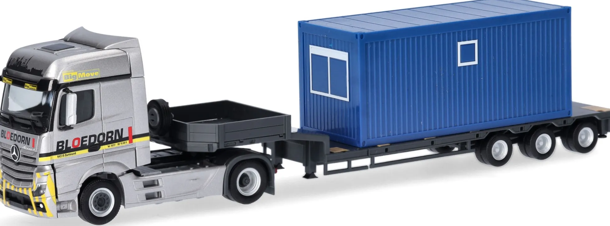 herpa 956864 Mercedes-Benz Actros L Tiefladesattelzug Bloedorn mit Baucontainer LKW-Modell 1:87