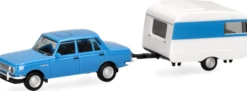 herpa 028585-002 Wartburg 353 Limousine 1982 mit Qek Wohnanhänger himmelblau Automodell 1:87