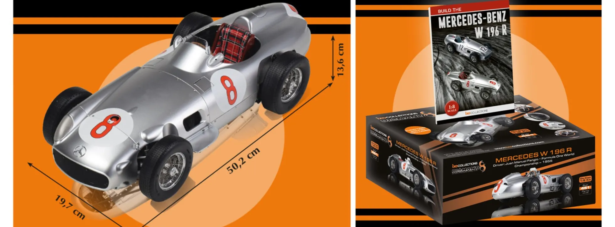 IXO 10118 Mercedes-Benz W196 Fangio #8 | Soundfunktion | mit Metallteilen | Premium Auto Bausatz 1:8