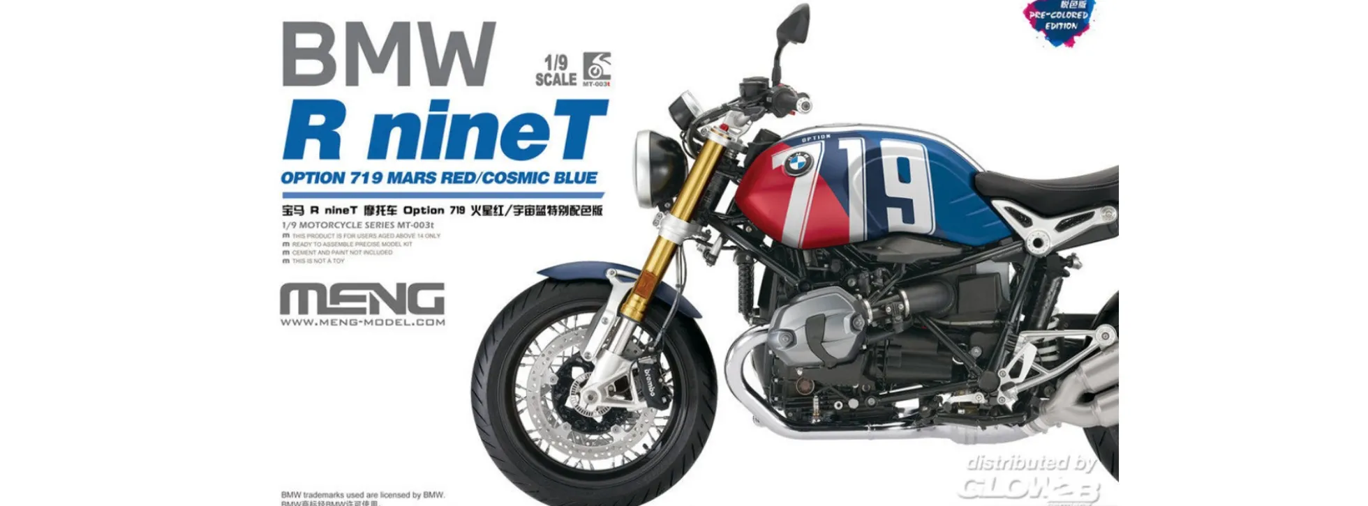 MENG MT-003T BMW R nineT Option 719, Mars Red/CosmicBlue | vorlackiert | Motorrad Bausatz 1:9