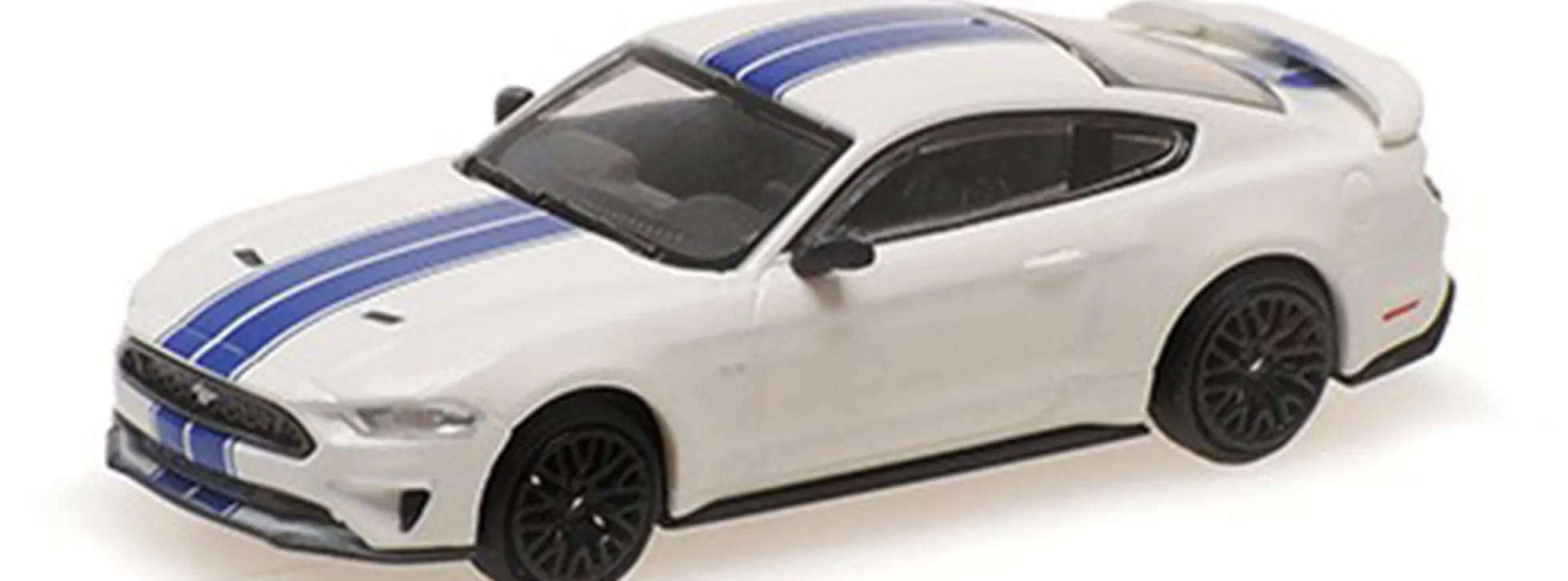 MINICHAMPS 870087026 Ford Mustang VI Coupe 2018 weiss mit blauen Streifen Automodell 1:87
