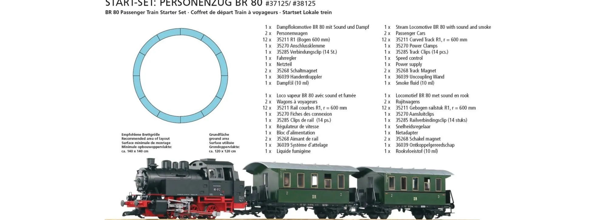 PIKO 37125 Start-Set Personenzug mit Dampflok BR 80 DB Spur G