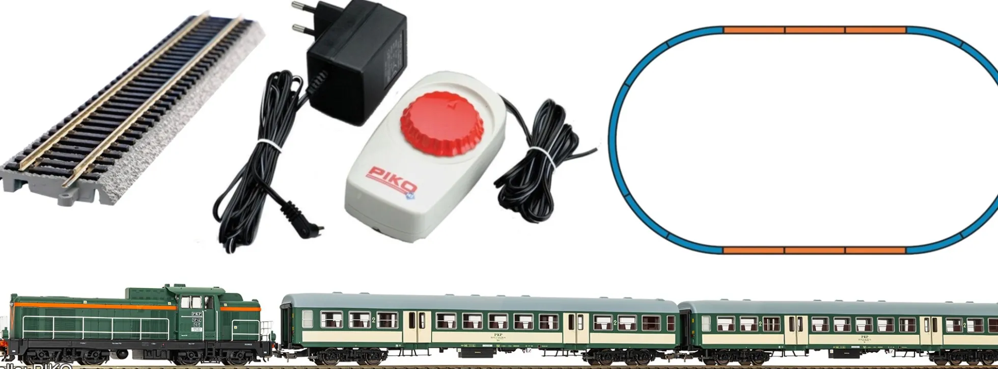 PIKO 57034 Start-Set SP42 mit Nahverkehrswagen PKP | Bettungsgleis | DC analog | Spur H0