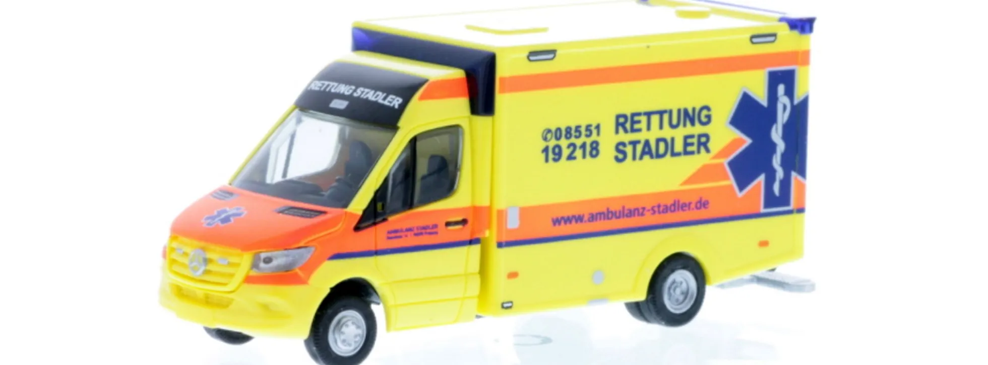 RIETZE 76195 Mercedes-Benz Sprinter RTW 2018 WAS Design Ambulanz Stadler Blaulichtmodell 1:87