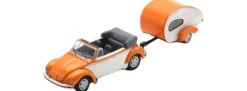Schuco 451870010 VW Beetle Cabriolet mit Anhänger ES Piccolo orange/weiß | Modellauto 1:87