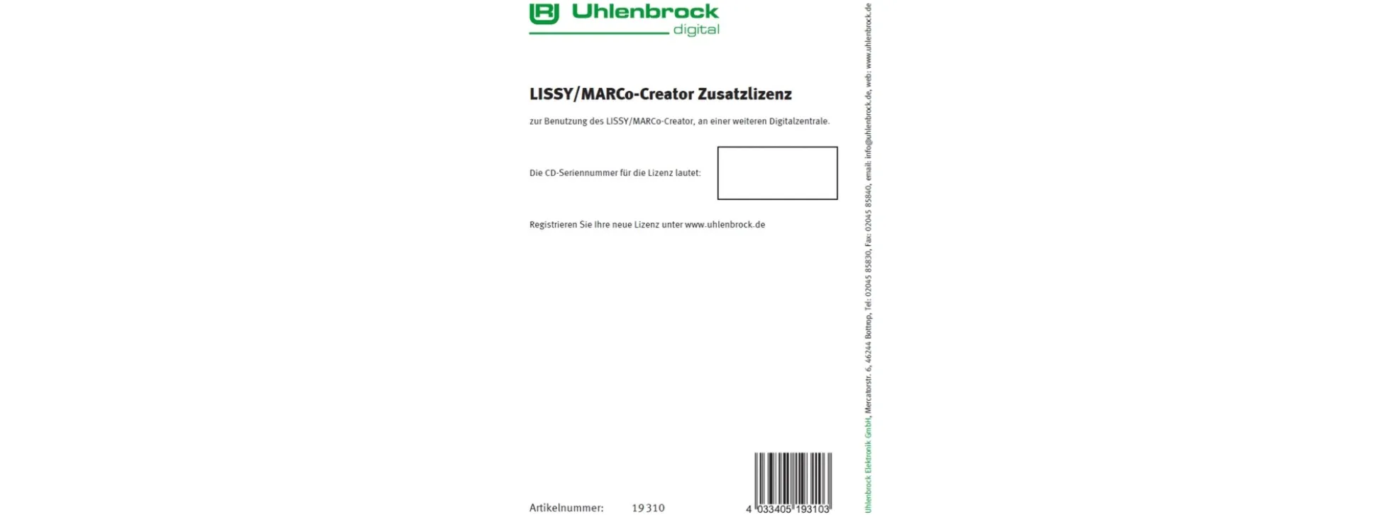 Uhlenbrock 19310 LISSY/MARCo-Creator Zusatzlizenz